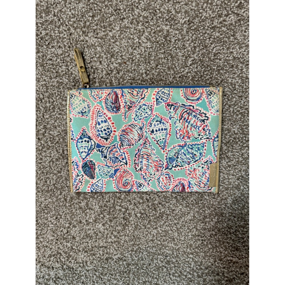 Lilly Pulitzer Seashell Print Canvas Pouch Gold Trim Teal Pink Blue